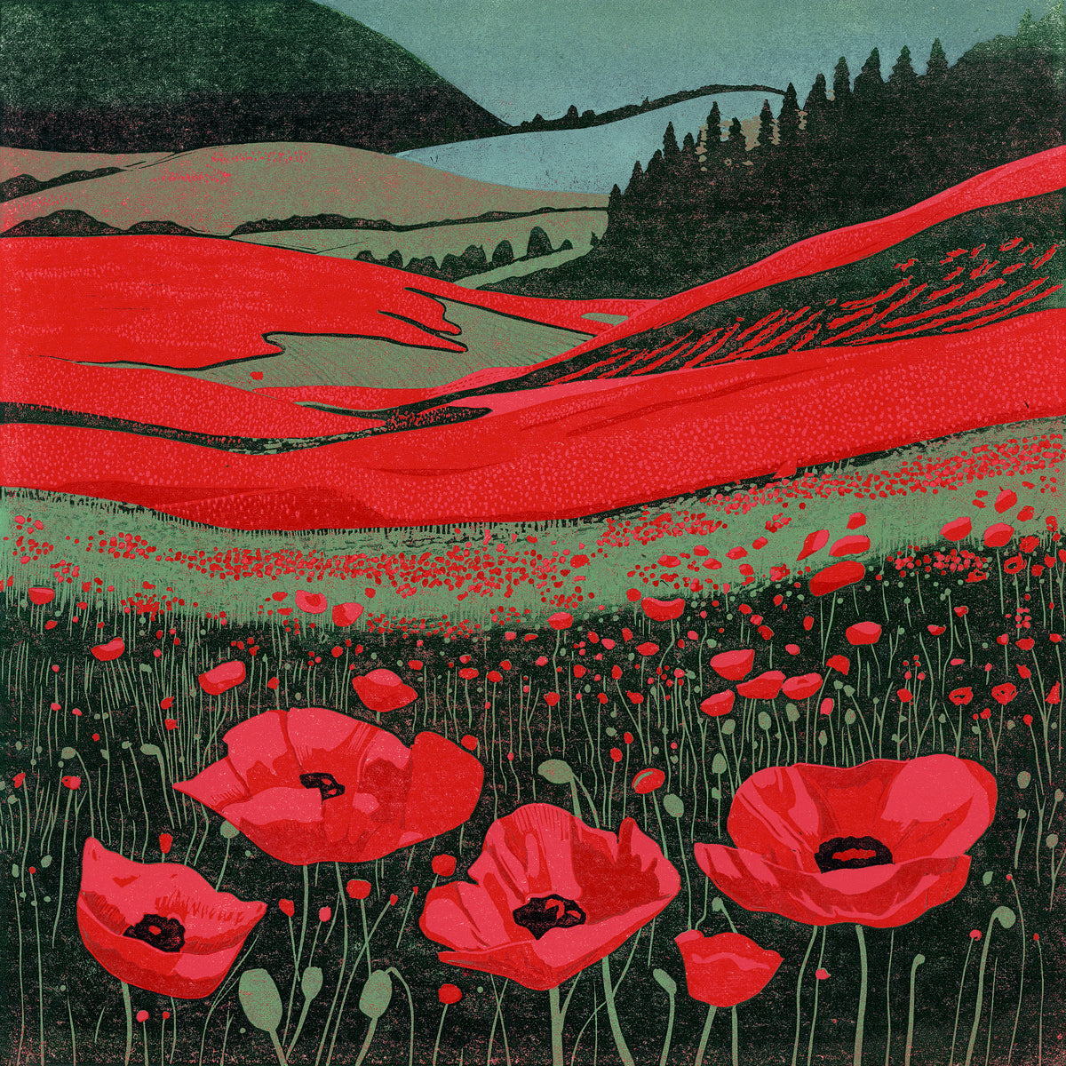 Poppy Fields original linocut print of red poppies and colourful rolling countryside by Layla Khani