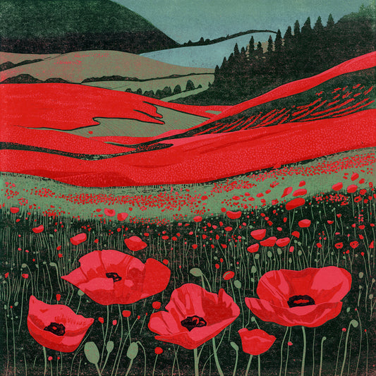 Poppy Fields original poppy linocut print with red flowers across rolling summer fields