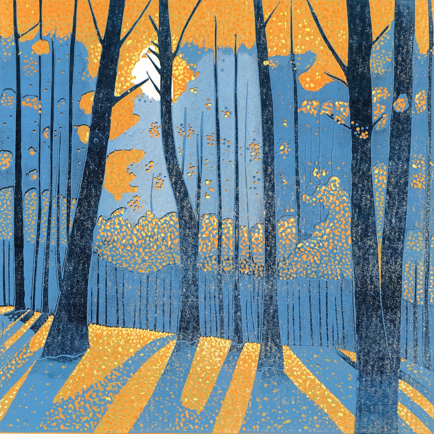 Into the Woodland original reduction linocut print featuring tall blue trees, golden light and long woodland shadows.