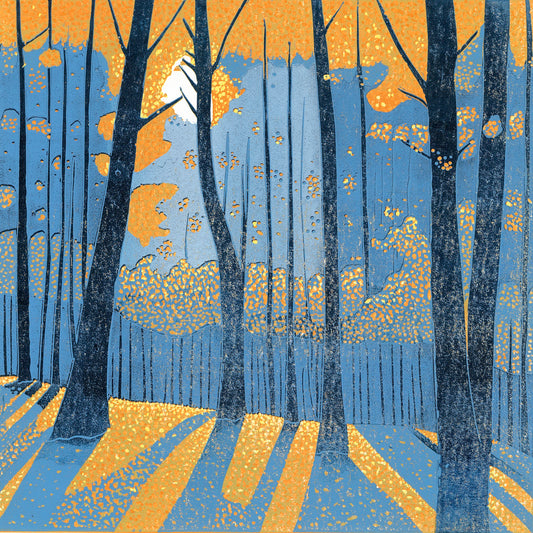 Into the Woodland original reduction linocut print featuring tall blue trees, golden light and long woodland shadows.