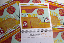 Load image into Gallery viewer, November 2025 calendar listing showing a vibrant linocut design by artist Layla Khani from Laylart Studio.