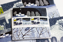 Load image into Gallery viewer, Close-up of the Wintry Nights Collection Christmas cards pack, showcasing four cards with two unique snowy winter night designs. Each design is featured in two copies, highlighting detailed linocut artwork.