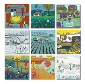 Nine Colorful Landscape Linocut Greeting Cards in Various Seasons
