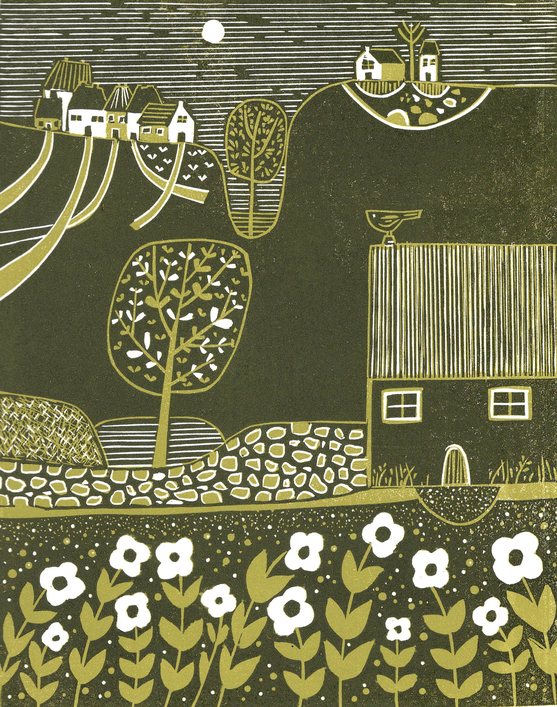 Serene Hillside original reduction linocut print featuring rolling hills, cottages, trees and white flowers in green and cream.