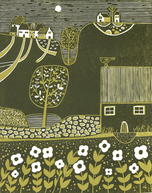 Serene Hillside original reduction linocut print featuring rolling hills, cottages, trees and white flowers in green and cream.
