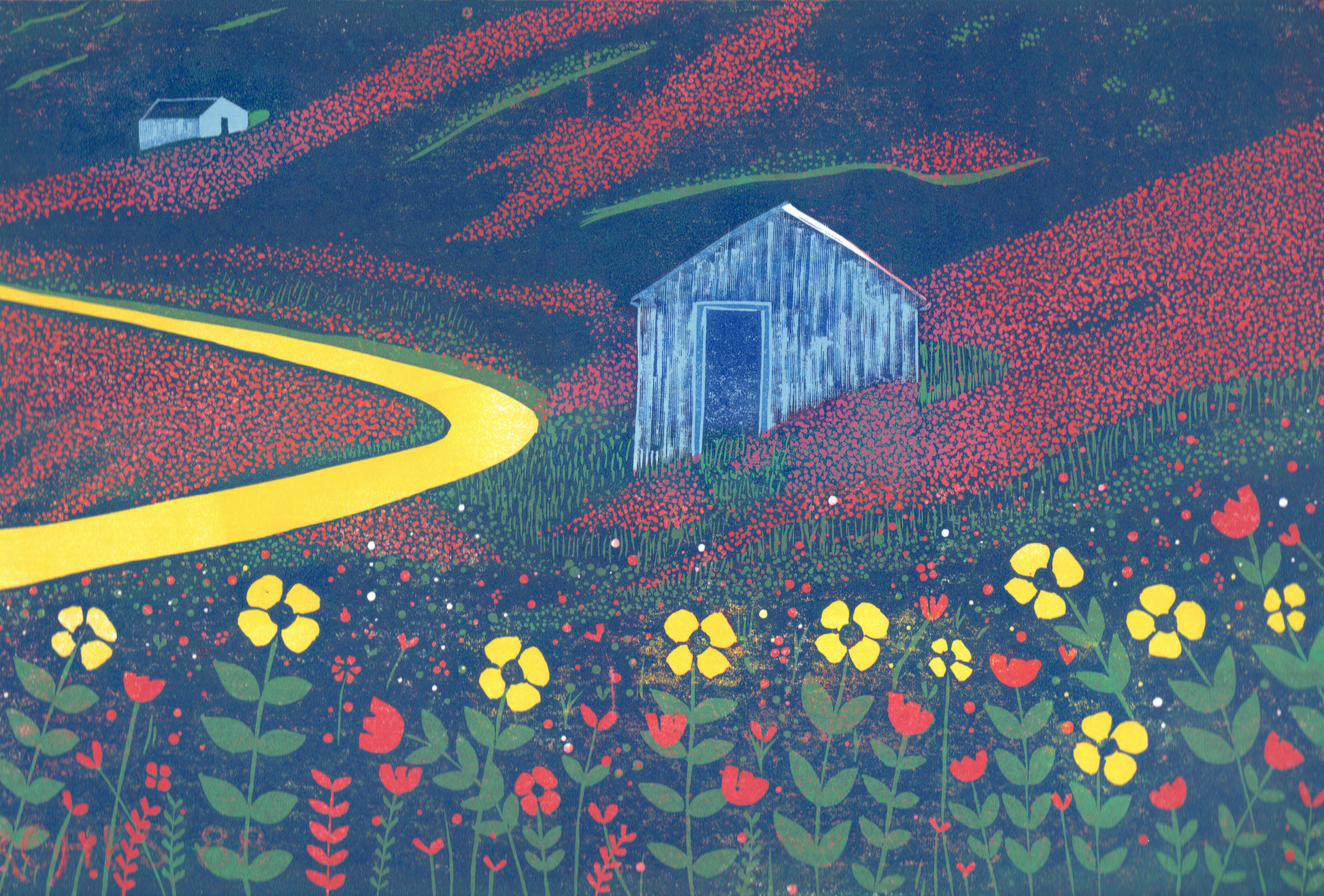 Original reduction linocut print with a bright yellow winding path, deep blue hills, red and yellow wildflowers and a small barn, A Path Through Summer by Laylart Studio