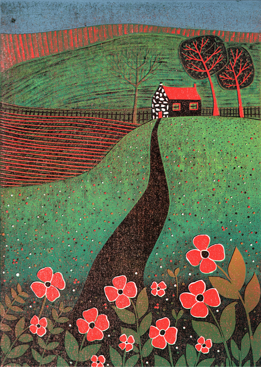 The Red Roofed Cottage original reduction linocut print featuring a red-roofed cottage, winding path, green hills and red flowers.