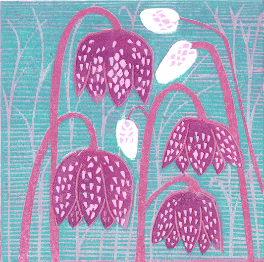 Fritillaries - original limited edition linocut print by Layla Khani, spring fritillary flowers in teal and pink, Laylart Studio