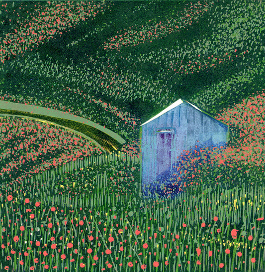 Hill in Bloom - original limited edition mini linocut print by Layla Khani, hillside landscape with wildflowers and shed, Laylart Studio