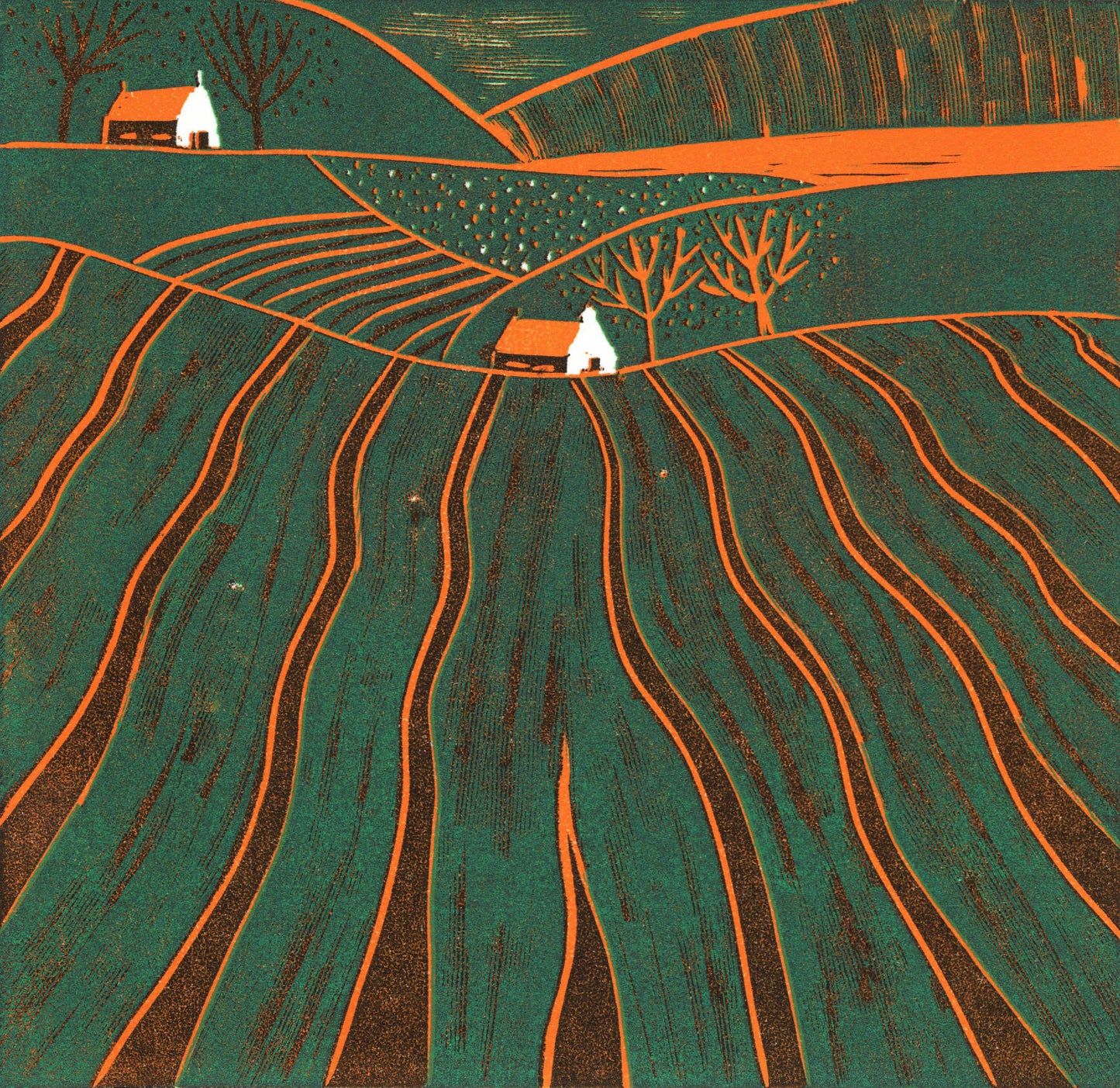 Original reduction linocut mini print by Layla Khani - ploughed field lines drawing the eye across a countryside landscape in the Malvern Hills. Limited edition of 20.
