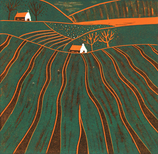 Original reduction linocut mini print by Layla Khani - ploughed field lines drawing the eye across a countryside landscape in the Malvern Hills. Limited edition of 20.