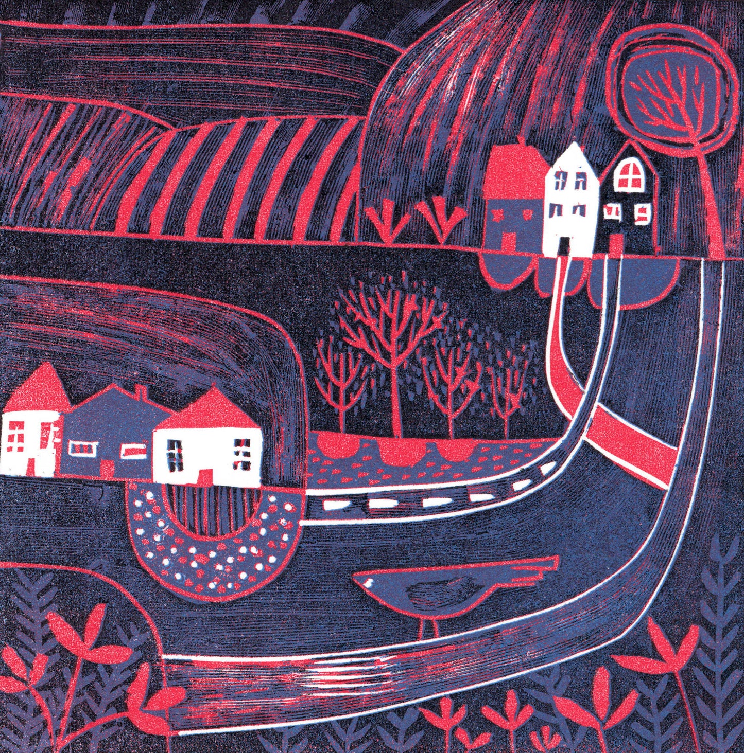 Calm Before the Nightfall - original limited edition mini linocut print by Layla Khani, nocturnal landscape with houses and trees, Laylart Studio