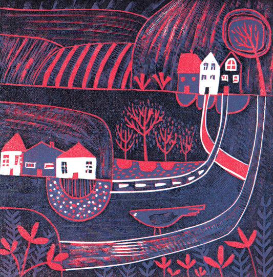 Calm Before the Nightfall - original limited edition mini linocut print by Layla Khani, nocturnal landscape with houses and trees, Laylart Studio