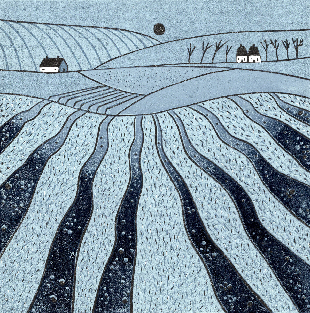 Where the Hills Breathe original blue linocut print featuring sweeping patterned fields, white cottages, bare trees and rolling hills.
