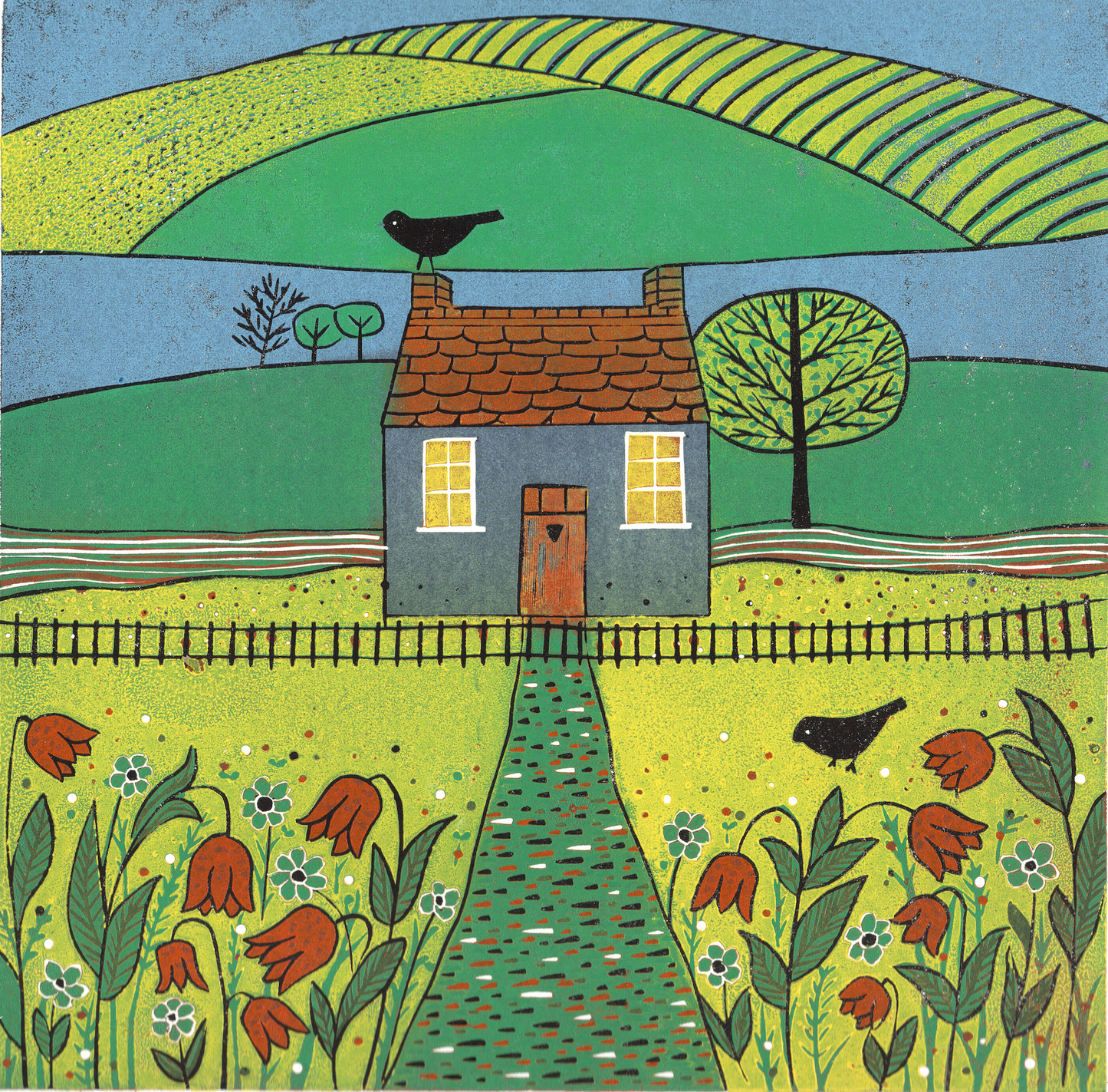 Original reduction linocut print of a grey cottage with terracotta roof, garden flowers, birds and rolling green hills, Beyond the Garden by Laylart Studio.