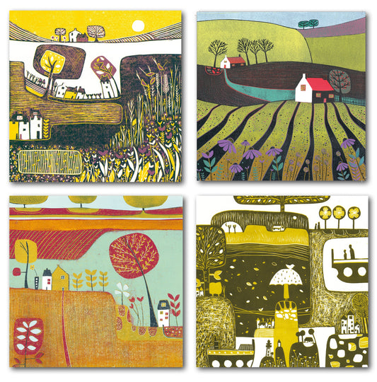 Serenade Collection - pack of 4 linocut greeting cards by Layla Khani, British landscape designs, Laylart Studio
