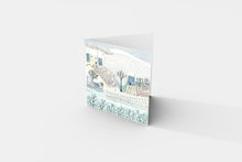 Load image into Gallery viewer, Christmas card from the Wintry Wonders Collection, showcasing a serene snowy scene in soft blues and grays. The intricate linocut print captures a delicate snowing atmosphere.