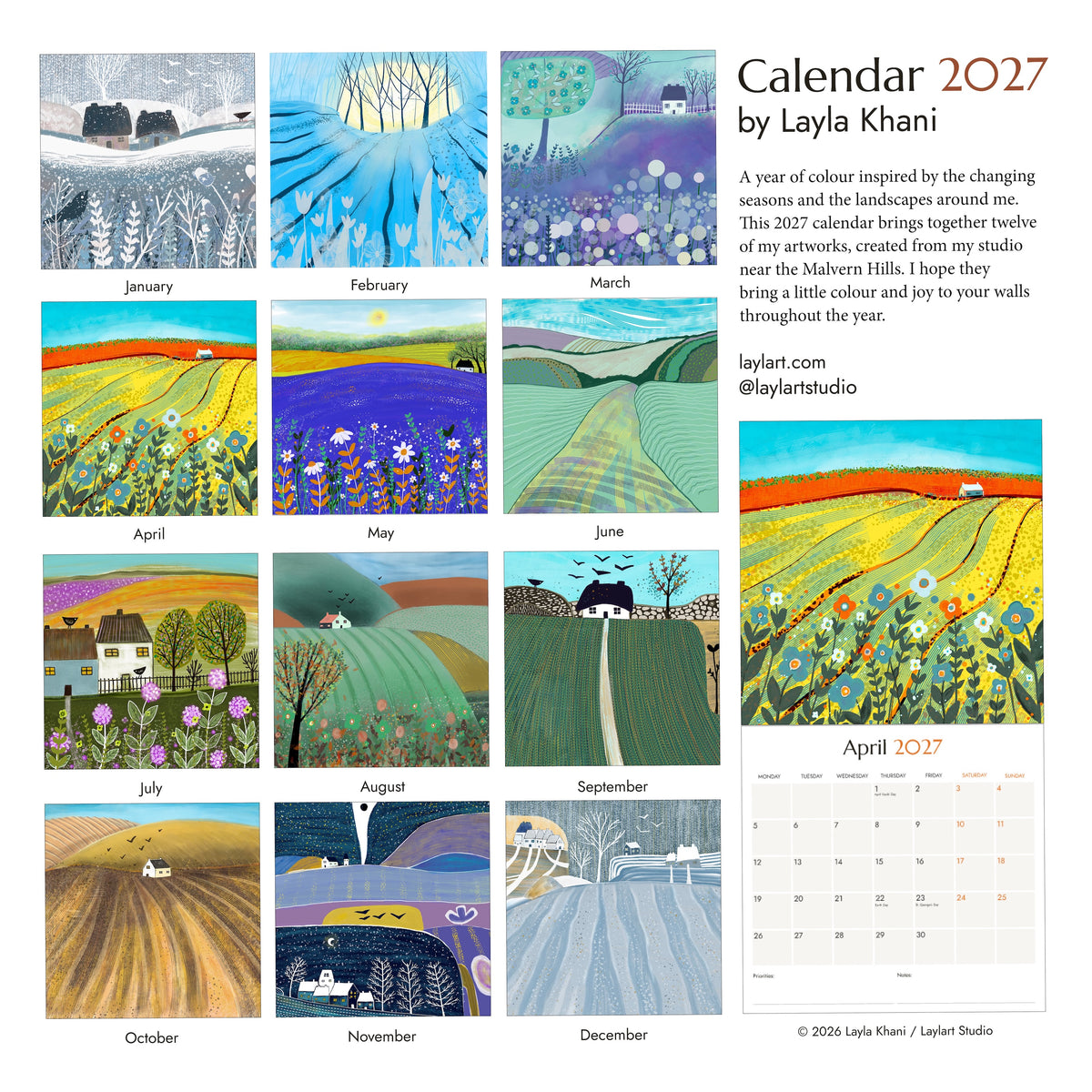 Twelve seasonal landscape paintings featured in the Laylart Studio 2027 art calendar