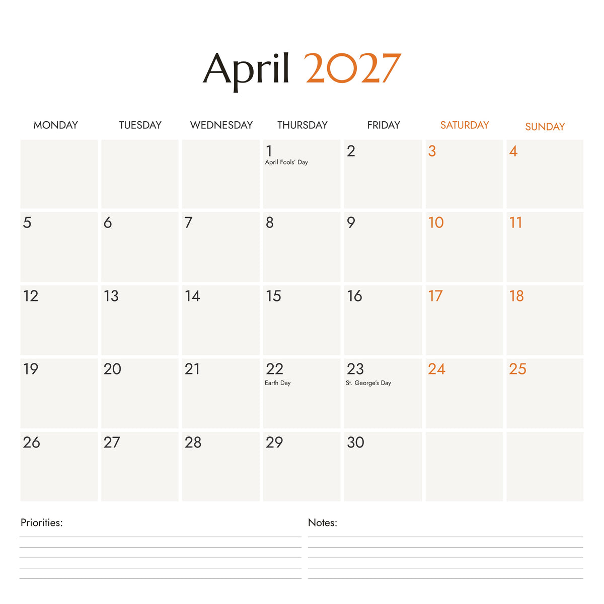 April 2027 monthly calendar grid with Monday start, weekend dates, priorities and notes sections