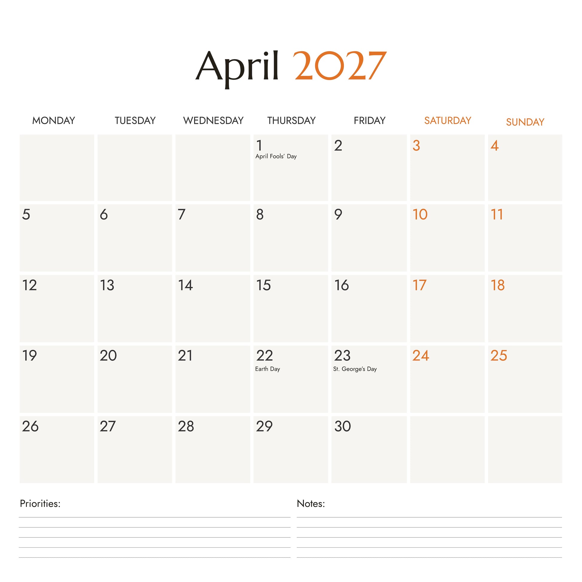 April 2027 monthly calendar grid with Monday start, weekend dates, priorities and notes sections