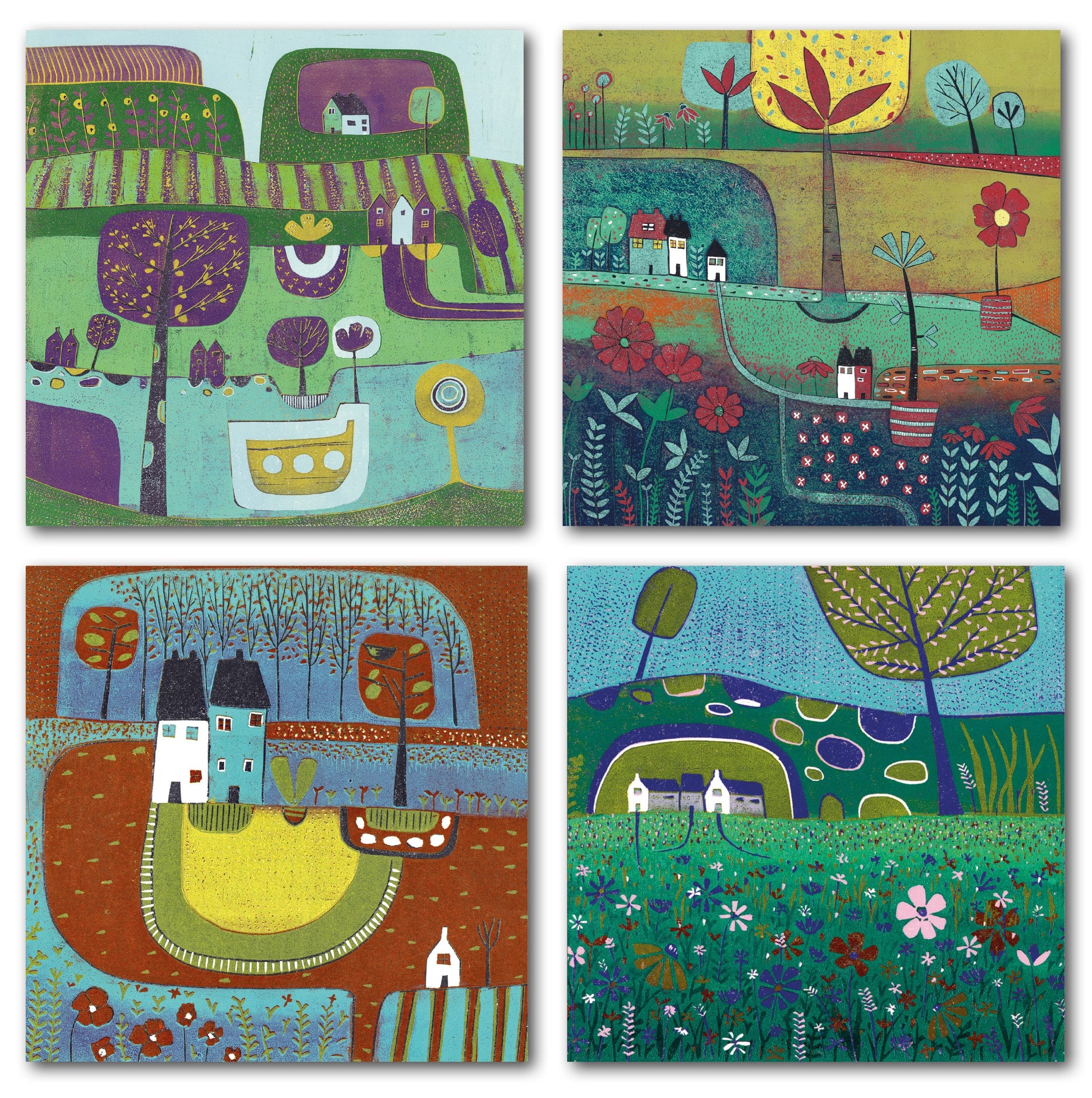 Four linocut greeting card designs by Layla Khani, British landscape scenes in greens, gold and teal with cottages, trees and wildflowers.