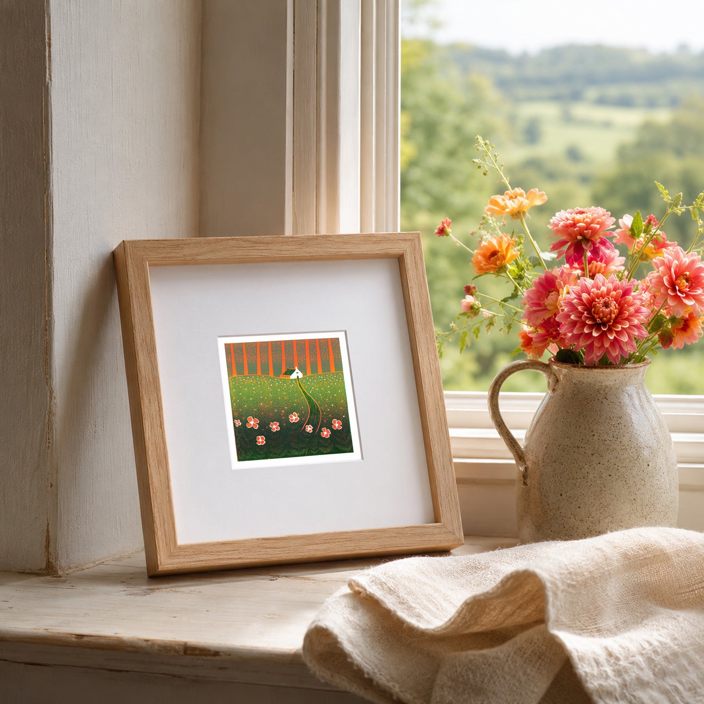 Mini linocut print framed in pale oak, propped on a windowsill beside fresh flowers, overlooking the Malvern Hills