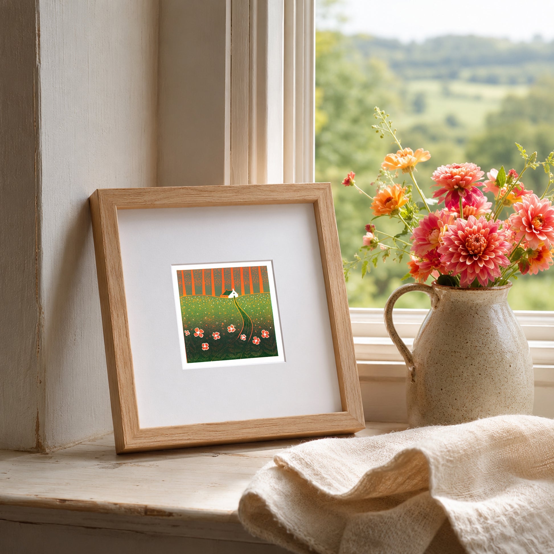 Mini linocut print framed in pale oak, propped on a windowsill beside fresh flowers, overlooking the Malvern Hills