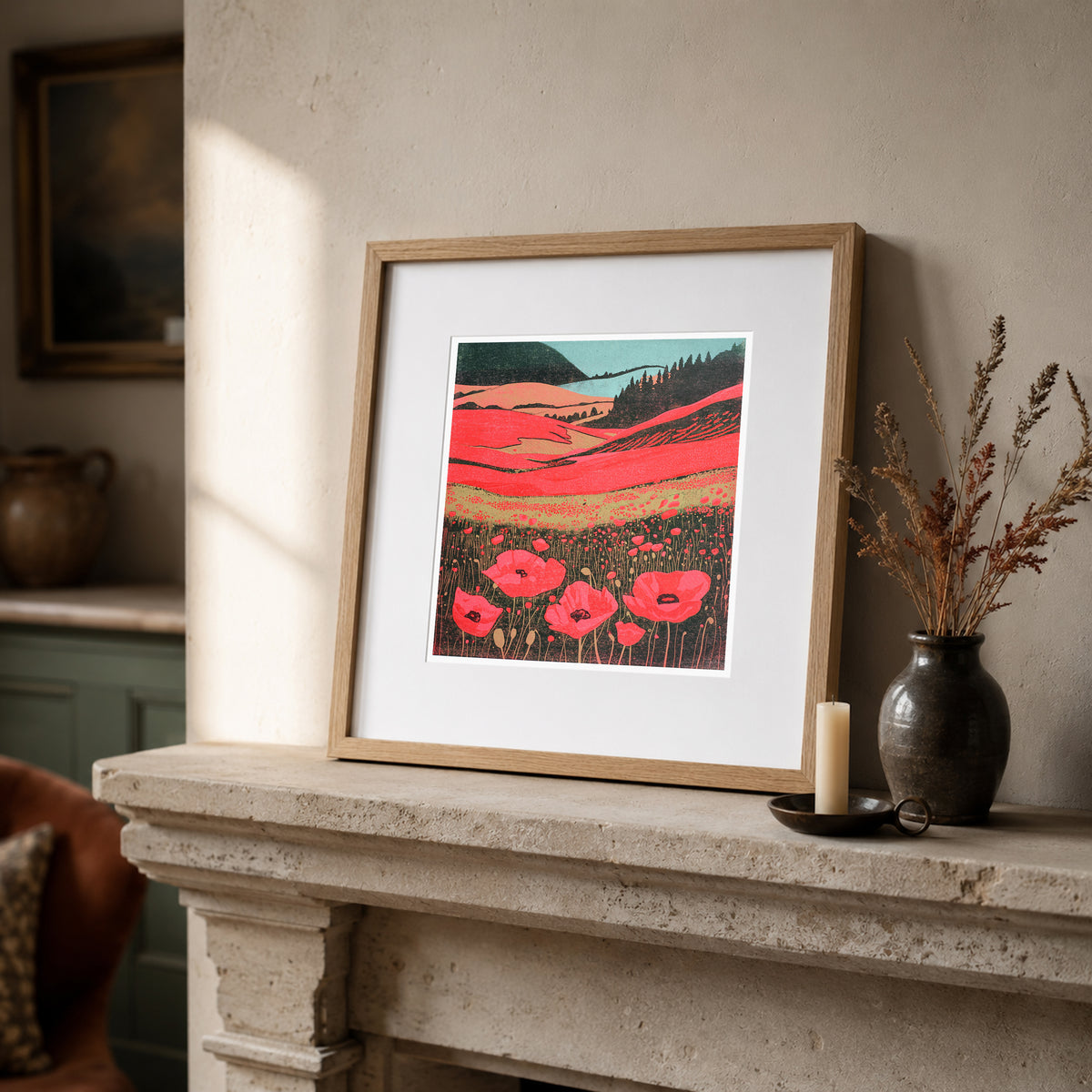 Poppy Fields unique colourway linocut print shown framed in a neutral interior