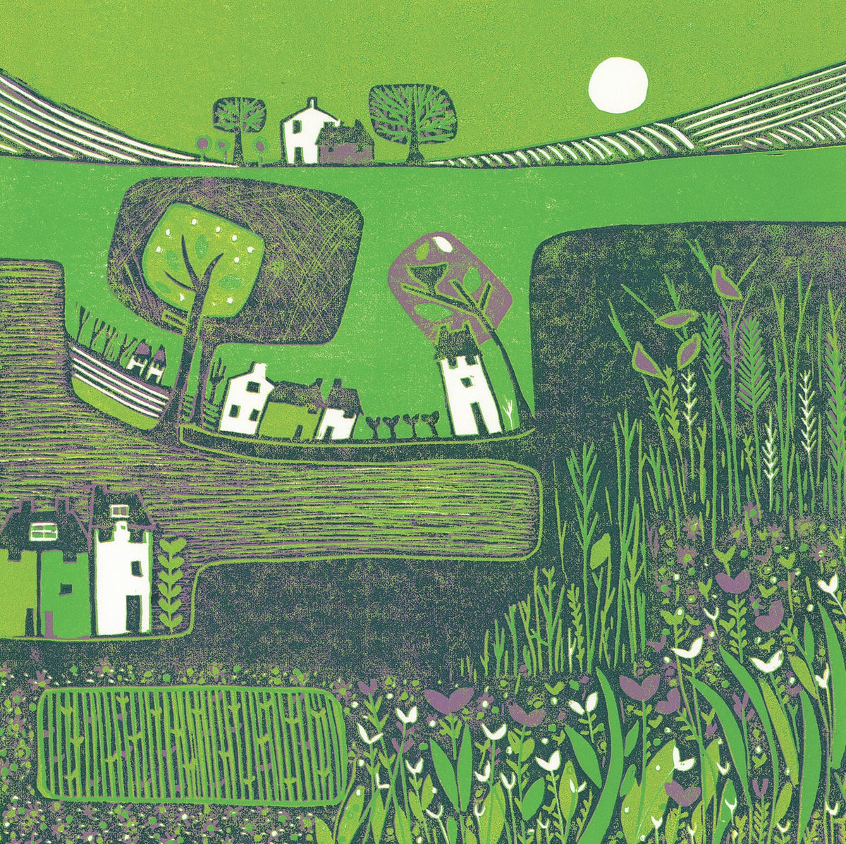 Whispering Melodies linocut greeting card showing a green countryside landscape with white cottages, patterned trees, wildflowers and a white sun.