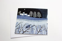 Load image into Gallery viewer, Christmas card from the Wintry Nights Collection, featuring a serene snowy winter night scene. The intricate linocut print captures the beauty of a tranquil winter landscape.