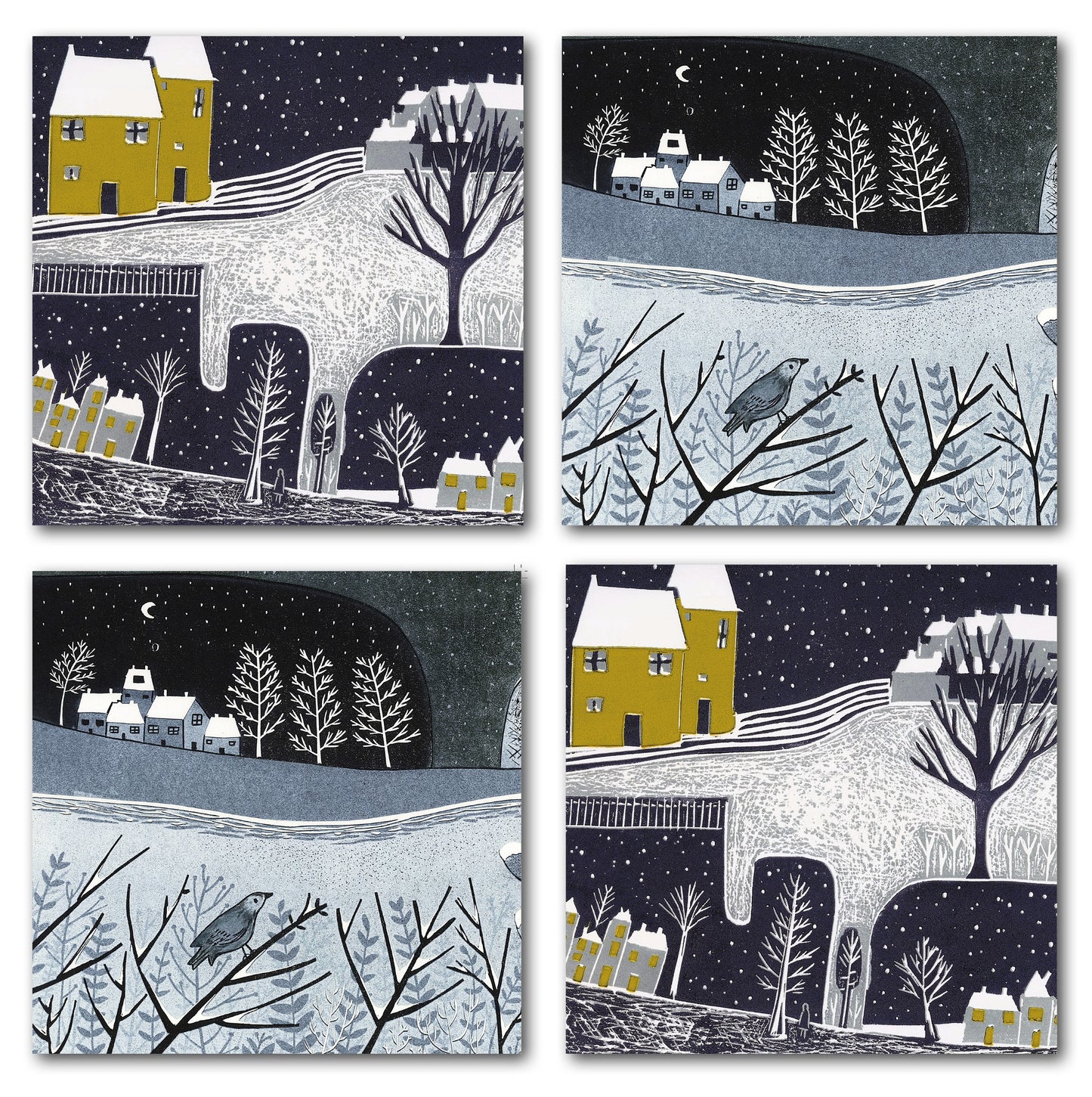 Pack of four Wintry Nights Christmas cards featuring two snowy landscape linocut designs.