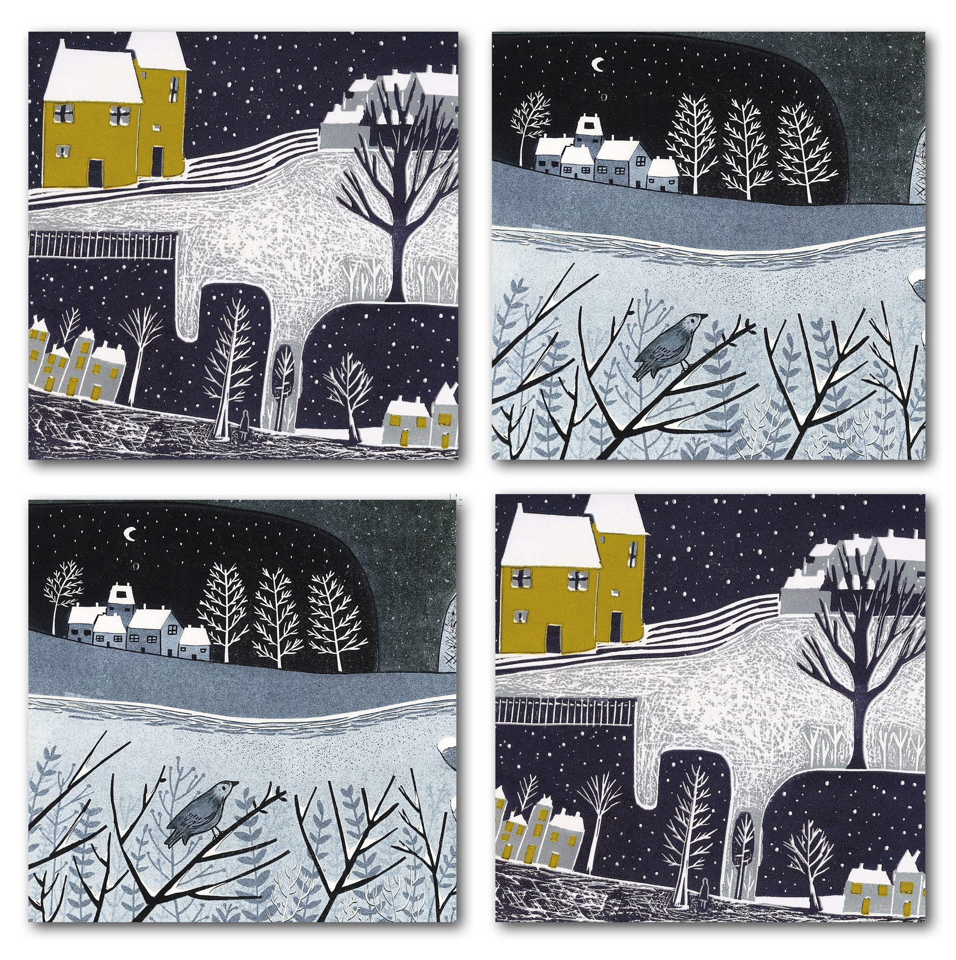 Pack of four Wintry Nights Christmas cards featuring two snowy landscape linocut designs.