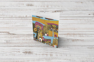 Elegant thank you card displaying a vibrant linocut landscape.
