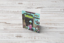 Load image into Gallery viewer, Beautiful birthday greeting card with a colourful landscape linocut print.