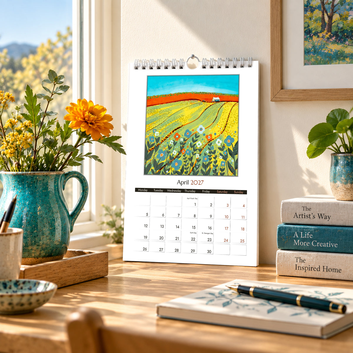 A5 2027 wall calendar open to April with colourful British countryside artwork by Layla Khani