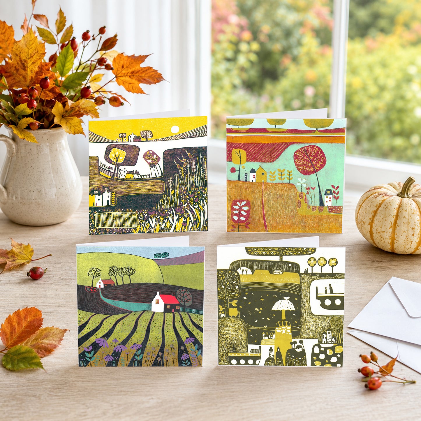 Linocut autumn greeting cards propped on a windowsill with autumn foliage and a pumpkin