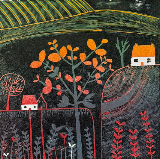 Autumn Glow - original limited edition mini linocut print by Layla Khani, autumn trees in orange and gold, Malvern Hills, Laylart Studio