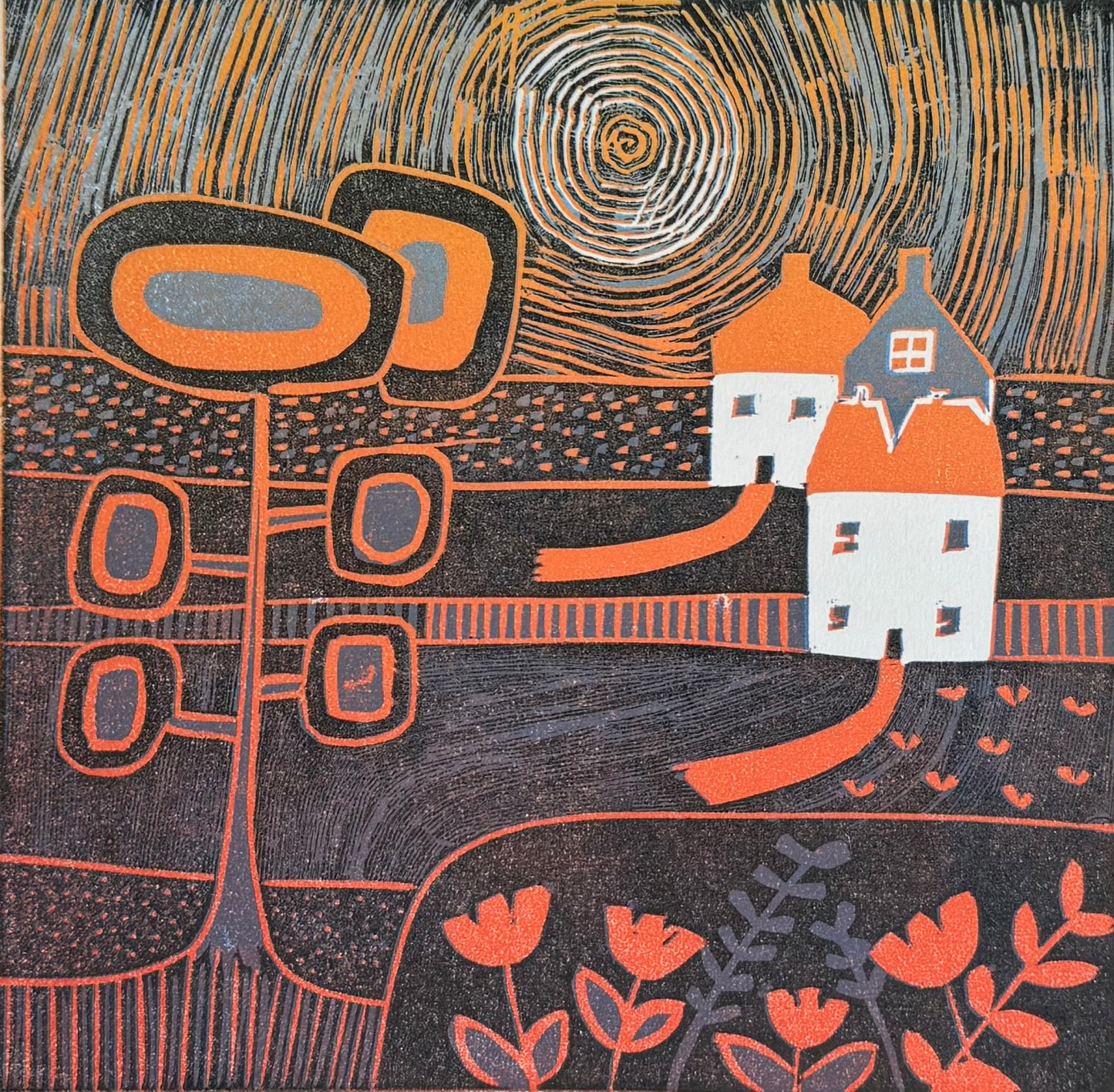 Beneath the Sunset - original limited edition mini linocut print by Layla Khani, countryside sunset with houses and flowers, Laylart Studio