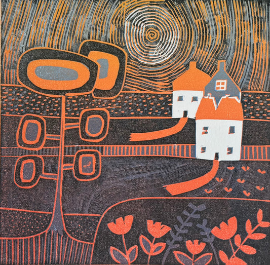 Beneath the Sunset - original limited edition mini linocut print by Layla Khani, countryside sunset with houses and flowers, Laylart Studio