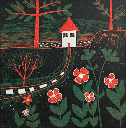 Original reduction linocut mini print by Layla Khani - a cottage at the end of a winding path with red flowers, hand-printed in the Malvern Hills. Limited edition of 20.
