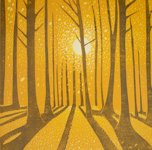 Into the Woodlands Series - original limited edition linocut print by Layla Khani, golden autumn woodland with sunlight through trees, Laylart Studio