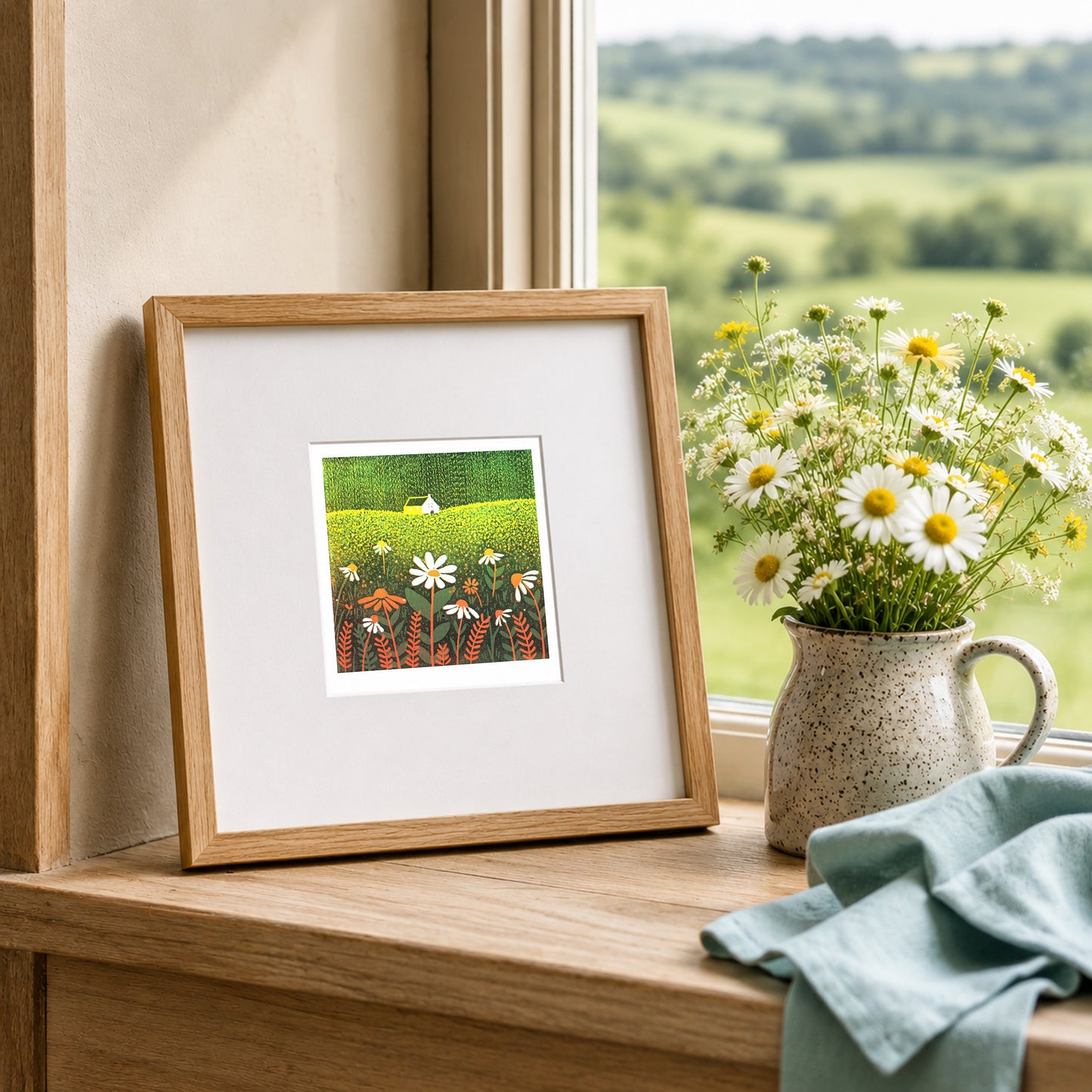 Mini linocut print framed in pale oak, propped on a windowsill with fresh daisies in a stone jug