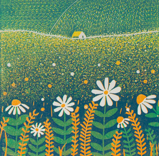 Fields of Serenity - original limited edition mini linocut print by Layla Khani, open landscape with wildflowers, Laylart Studio