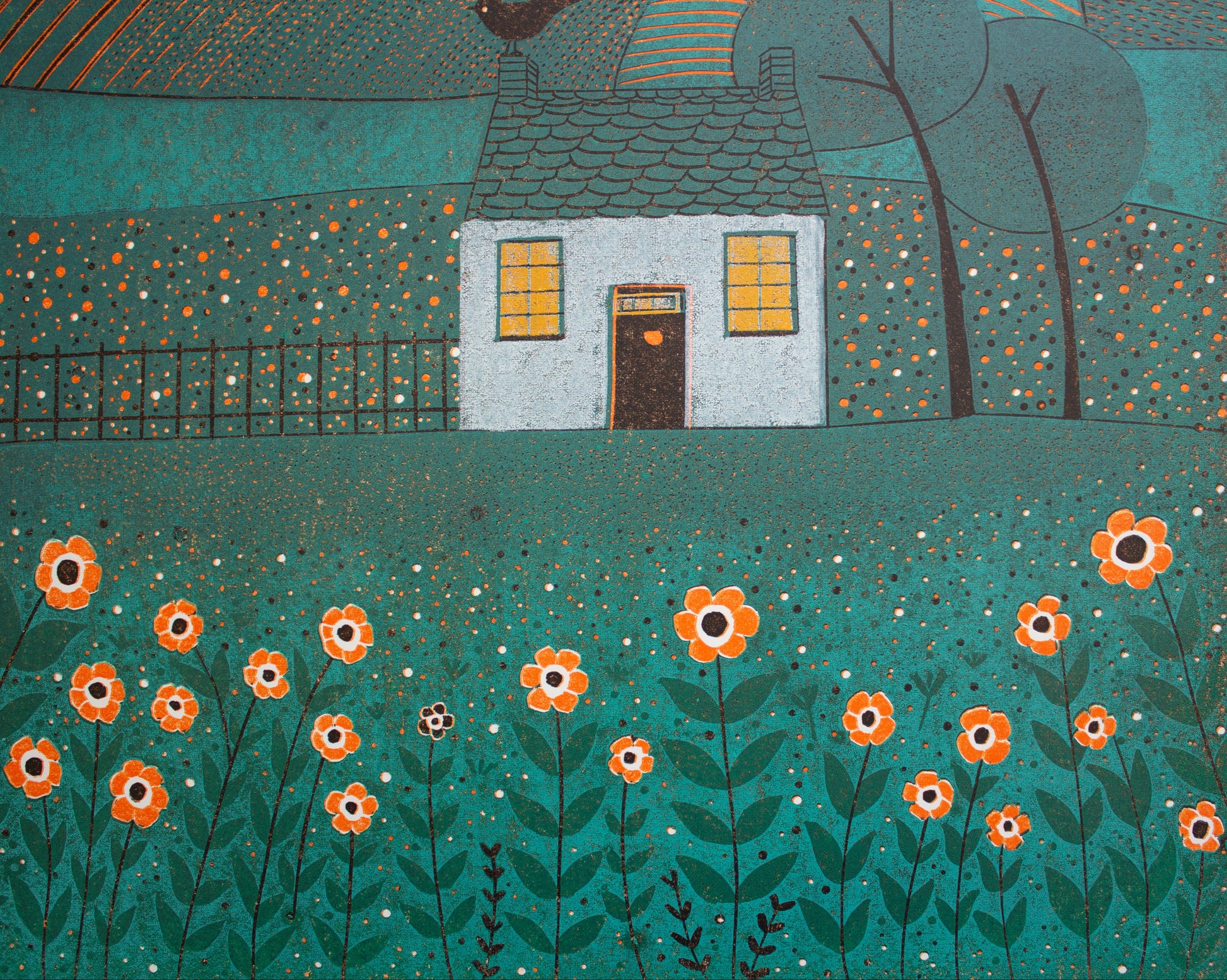 Close-up of The House with the Bird linocut print showing the cottage, bird, rolling fields and orange flowers.