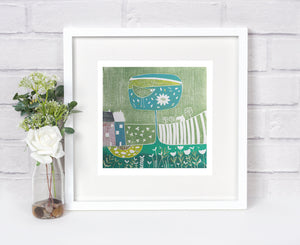 Reduced-price linocut print depicting a serene twilight scene in a forest.