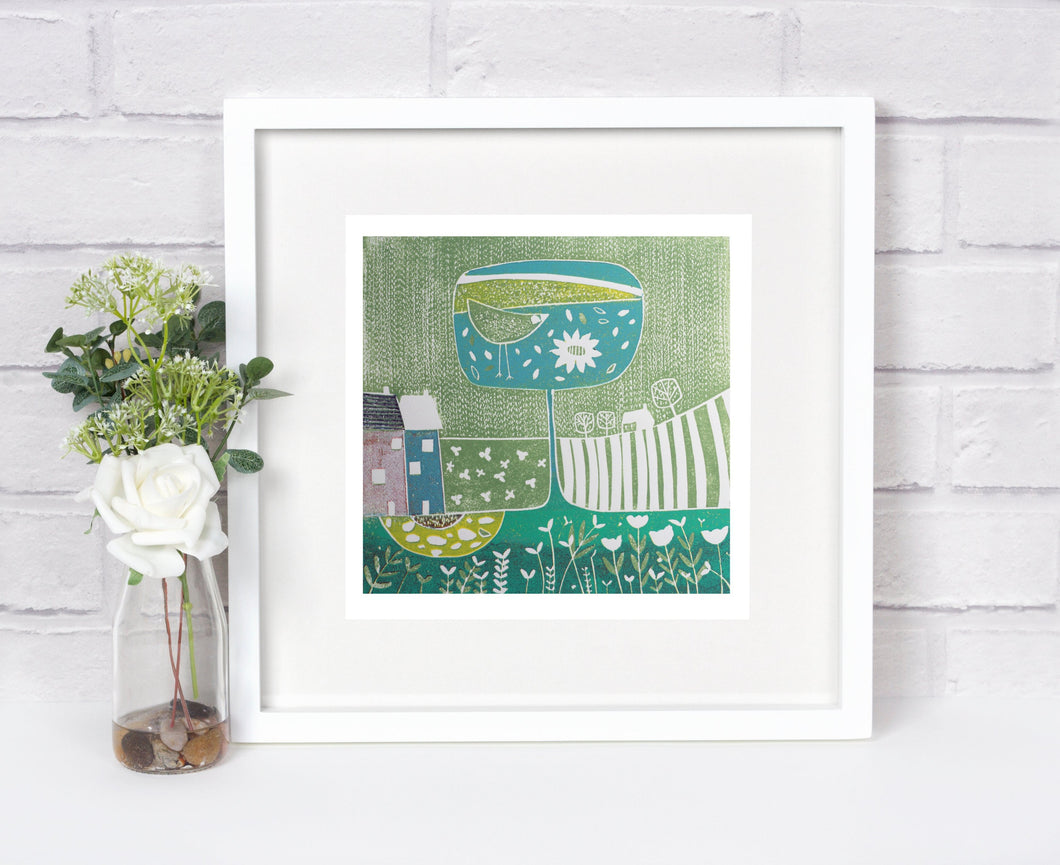 Reduced-price linocut print depicting a serene twilight scene in a forest.