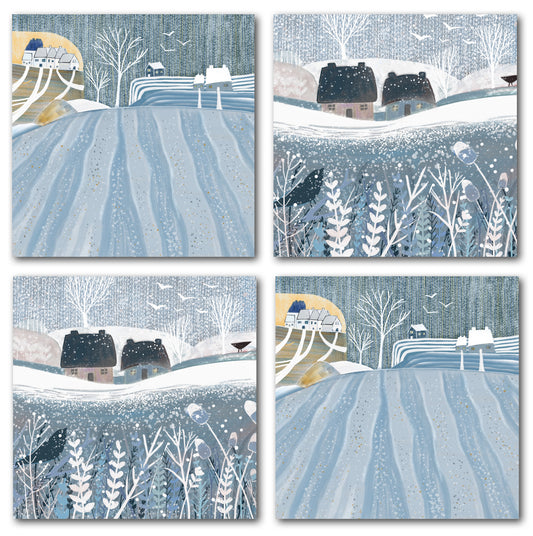 Pack of four Winter Fields Christmas cards showing two snowy countryside landscape designs, with two of each design