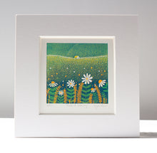 Load image into Gallery viewer, A hand-printed landscape of golden and green tones, where delicate white daisies sway amidst intricate patterns, evoking a tranquil countryside scene.