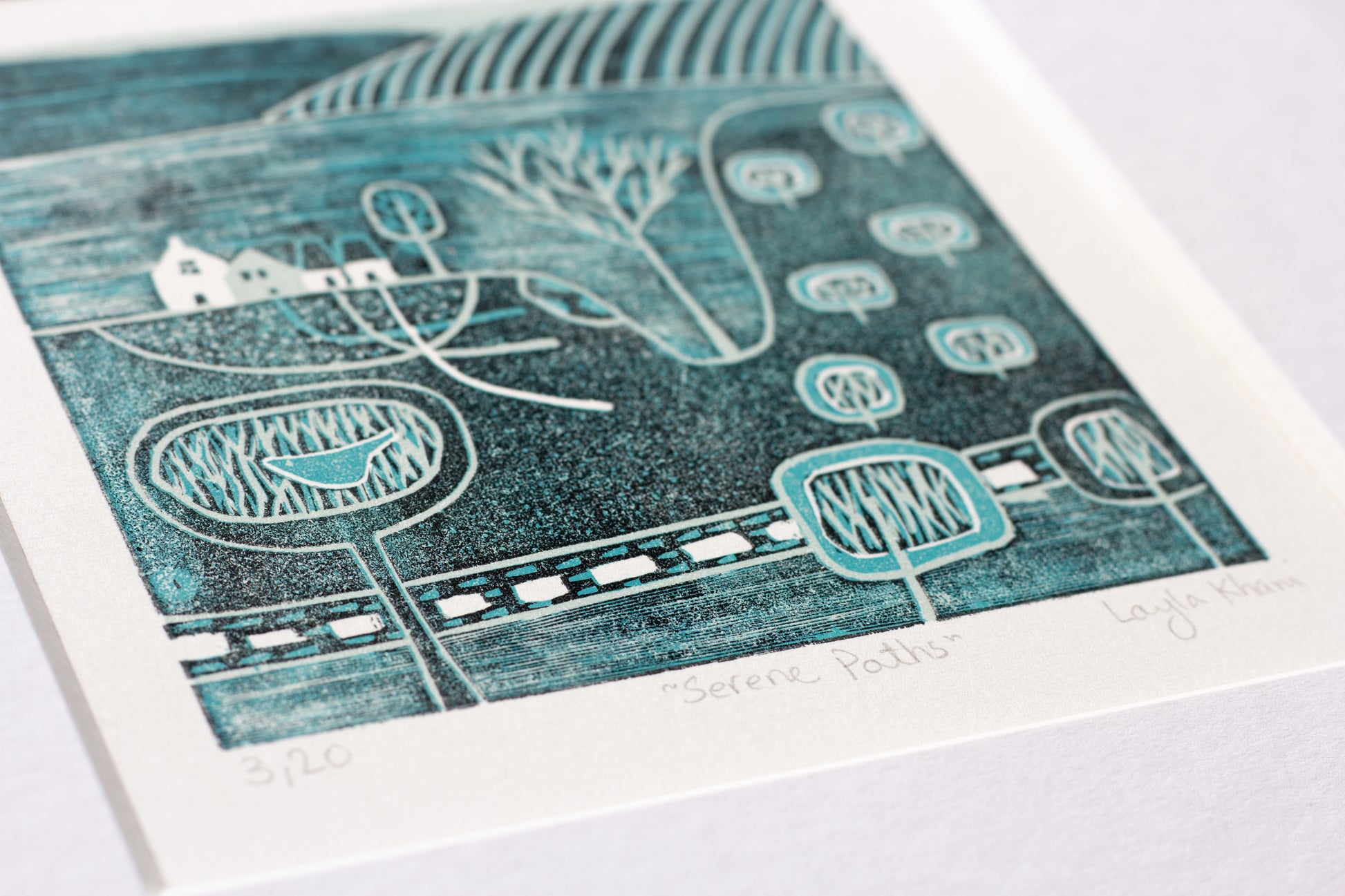 Serene Paths mini linocut print shown flat, hand-printed by Layla Khani, Laylart Studio