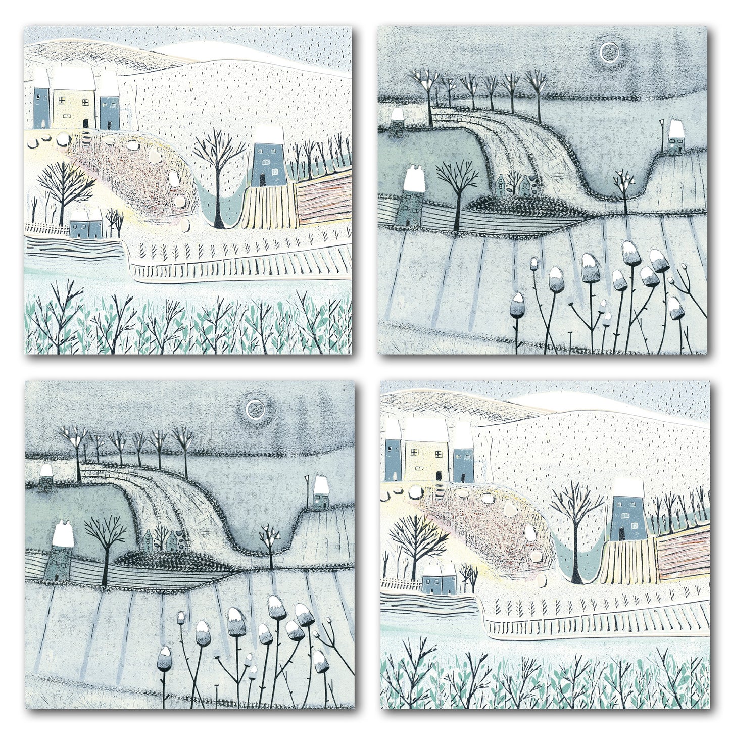 Pack of four winter landscape Christmas cards featuring different original linocut designs.